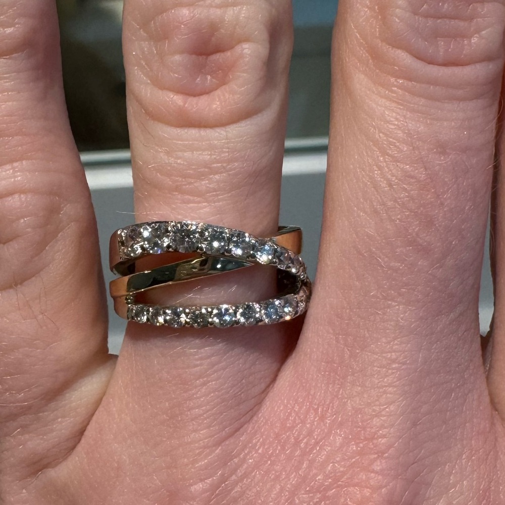 Stunning yellow and white gold diamond criss cross ring